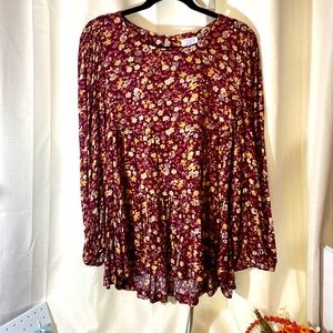 Time and True SZ M Burgundy LS flowered tiered blouse